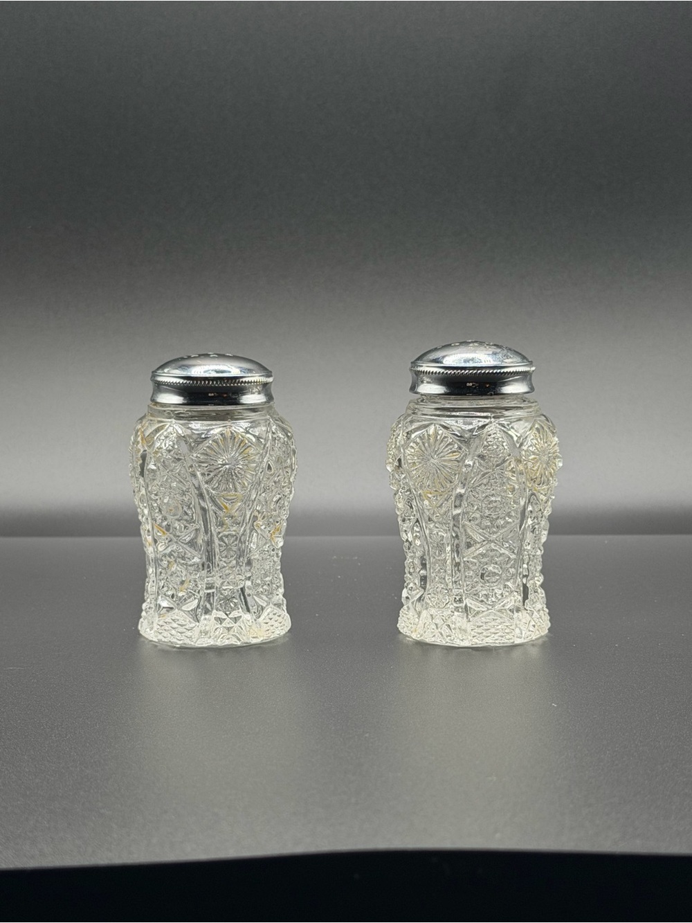 VTG Imperial Glass Salt and Pepper Shakers with Silver-Tone Lids - Clear